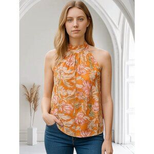 Rachel Roy Women's Multicolor Orange Floral Print Pleated Collar Tank Top Size M